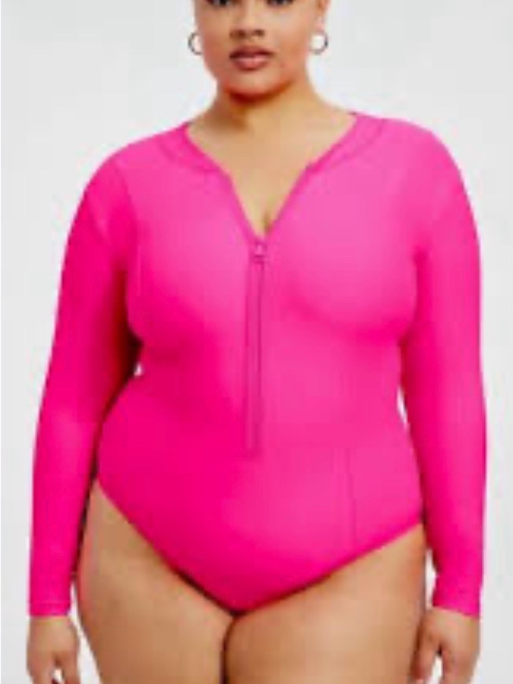 Good American Pink Long-Sleeve Zip Front One-Piece Swimsuit
